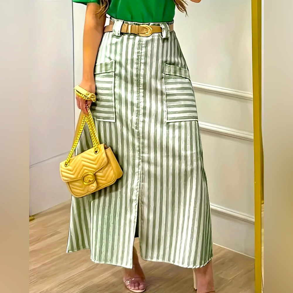 NWT High-Waisted Striped Midi Skirt.